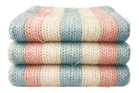 Stack of folded knitted blankets with striped pattern in blue, pink, and cream colors on a white background, for home textile