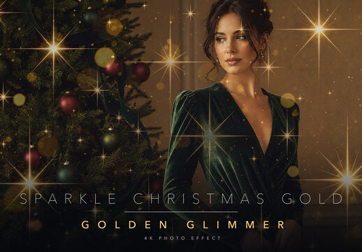 Gold Christmas Sparkle Photo Effect Template - Glitter Star Sparkle Overlay with Warm Golden Bokeh and Festive Holiday Glow