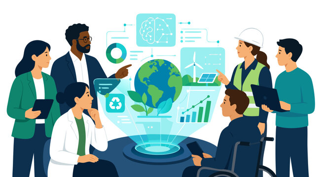 Diverse multidisciplinary professionals collaborating around glowing holographic globe projection displaying real-time environmental data dashboards with renewable energy, recycling, and