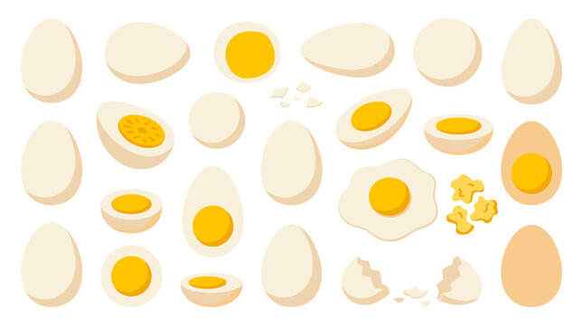 Set of whole and halved boiled eggs, fried eggs, and eggshells in a flat design style with a pastel color palette