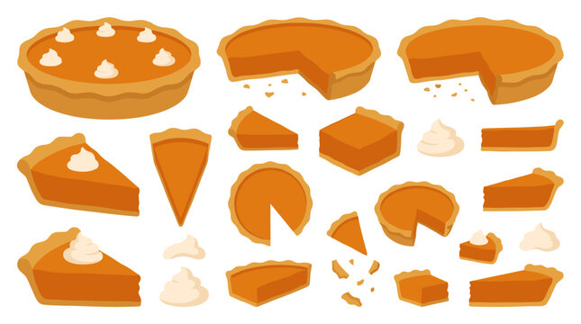 Set of pumpkin pie slices, whole pies, and whipped cream dollops, fall dessert collection, autumn treats, thanksgiving holiday food, flat vector