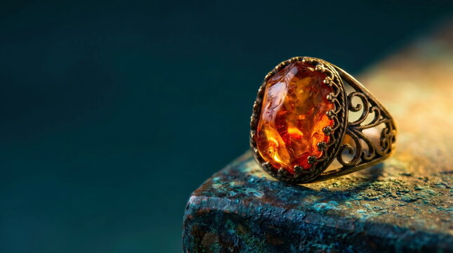 Vintage amber gemstone ring displayed on weathered rock, antique jewelry concept