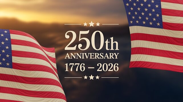 United states 250th anniversary celebration background featuring american flags and golden sunset lighting