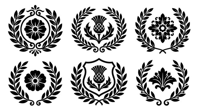 Set of black damask style heraldic wreaths with floral and botanical ornaments, ideal for vintage emblem design, royal branding and classic