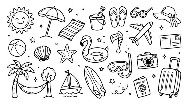 Set of hand drawn doodle icons and symbols for summer vacation and travel, sun, beach umbrella, surfboard, airplane, passport, suitcase, palm tree