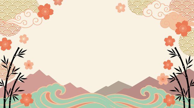 East asia floral frame with bamboo stalks, cherry blossoms, rolling mountains, traditional wave patterns, elegant oriental border, japanese heritage