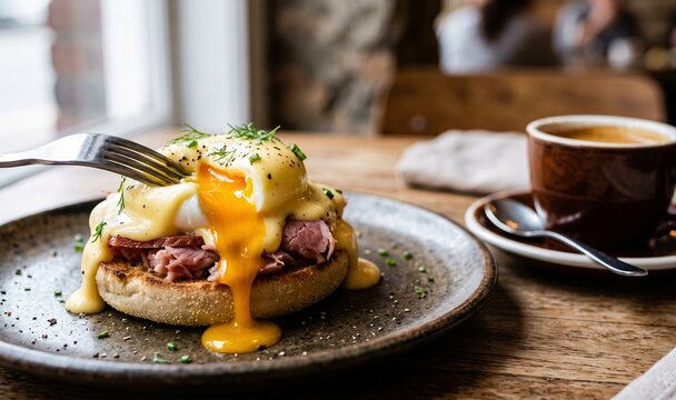 Eggs benedict with runny yolk and ham on plate, gourmet breakfast concept