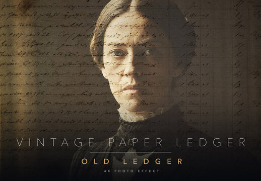 Vintage Paper Ledger Photo Effect Template - Antique Old Manuscript Page Texture Overlay with Sepia Aged Paper and Handwriting