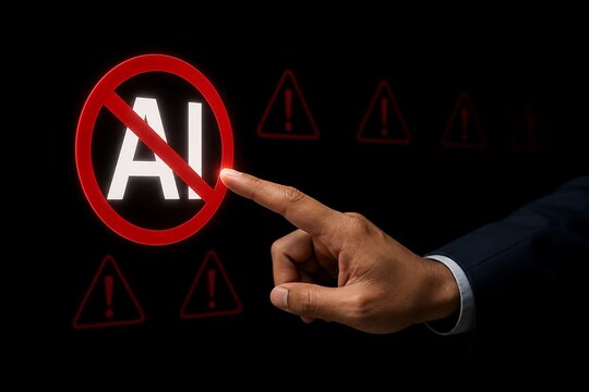 Business professional pointing at a no ai symbol with warning signs in the background