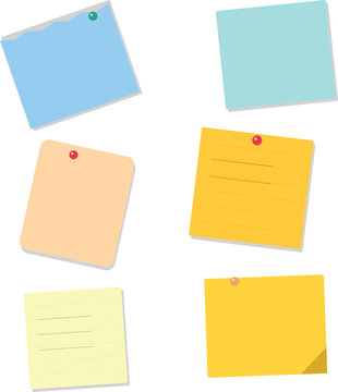 Set of colorful sticky notes with push pins for office reminders and task organization