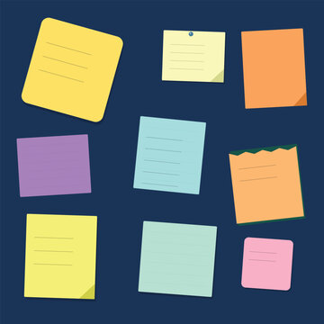 Set of colorful sticky notes on a dark blue background for office reminders and tasks