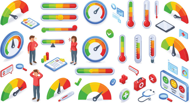 Risk assessment dashboard element bundle with colorful color coded meters dials medical crosses and checking clipboards for presentation,
