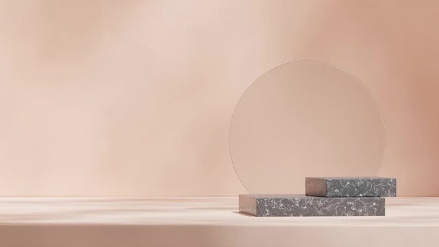 block shape marble black podium seamless shadow animation looping with glass circle backdrop, rendering 3d footage empty scene