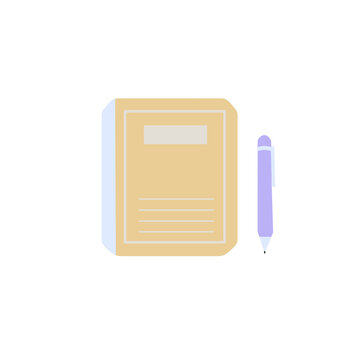 Minimal flat illustration of a notebook and pen in stylish light yellow and light purple tones