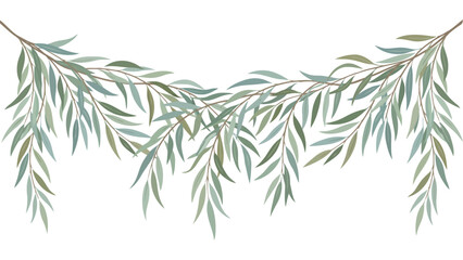 Hand drawn willow leaf garland. Decorative botanical hanging branch border element. © @ahmedmaynul