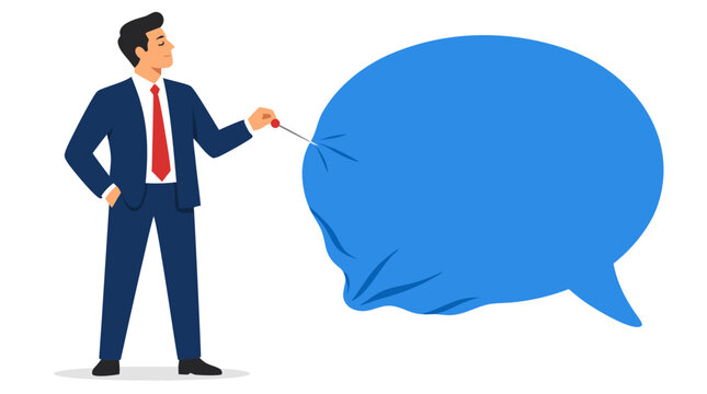 Businessman puncturing deflated blue speech bubble with needle, symbolizing ego reduction, humility cultivation, communication deflation, self-awareness, and personal growth concept