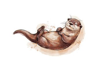 Obraz premium Watercolor of a smiling brown otter floating on its back, soft artistic style, isolated on a white background, cute animal character