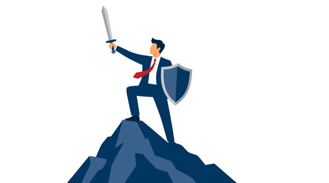 Triumphant businessman in suit holding sword and shield standing victoriously atop mountain peak, bold flat vector illustration on clean white background, success and leadership concept