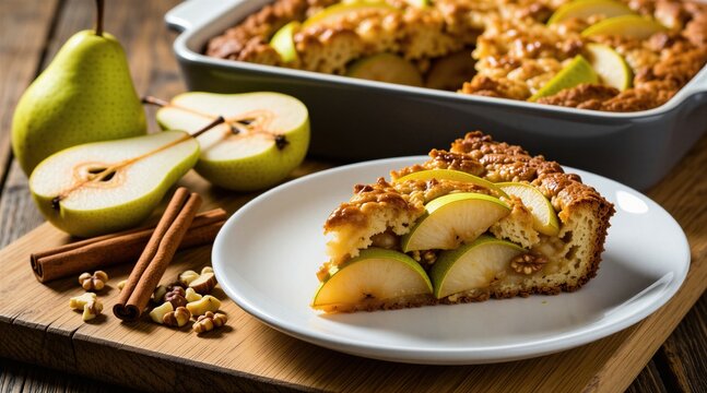 Slice of fresh baked pear pudding on white plate. Rustic wooden board with whole green fruits cinnamon sticks, walnuts nearby. Warm comforting dessert for autumn holidays. Homemade sweet pastry with