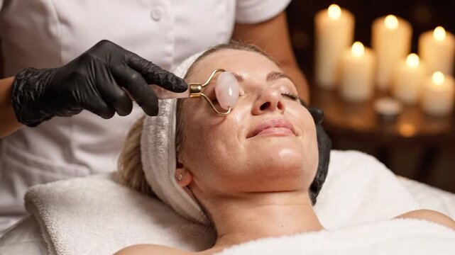 Woman receiving facial massage with rose quartz roller, spa relaxation, beauty treatment