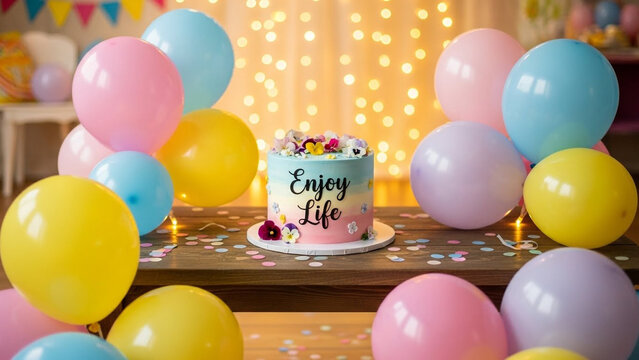Enjoy Life hand lettering text on colorful rainbow birthday cake decorated with fresh flowers surrounded by glowing helium balloons on wooden table background, festive party celebration.