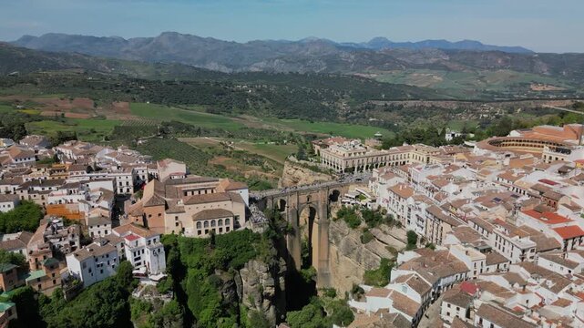 Panoramic view of the Puente Nuevo (New Bridge) in Ronda, Granada, Andalusia, Spain.
