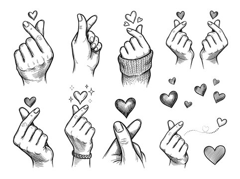 Hand Making Korean Love Sign Finger Heart Sketch, Isolated Ink Illustration Set, Black Ink Drawings