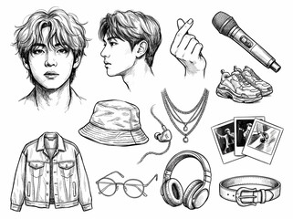 Obraz premium K-pop boy group sketch elements, hand-drawn black ink portrait, fashion accessories, isolated set