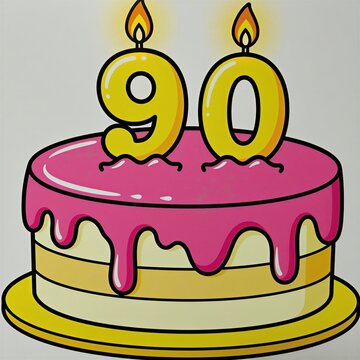 Pink frosted cake with yellow icing layers, two lit number ninety candles on top. Colorful cartoon illustration celebrates ninetieth birthday milestone anniversary event. Simple sweet dessert graphic
