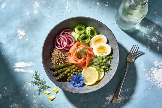 Smoked salmon bowl with boiled eggs asparagus cucumber pickled onion and lemon on dusty blue textured surface