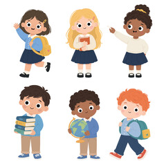Fototapeta premium Diverse set of cute elementary schoolchildren with backpacks, books, globe, and chalk on white background. Happy schoolboys and schoolgirls clip art for back to school education concept. 