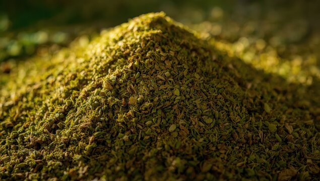 Close-up vertical view of the texture of a yerba mate pile without stems or leaf pieces.