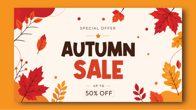 Autumn Sale Banner Template with Colorful Fall Leaves, Seasonal Discount Promotion Background, Modern Retail Marketing Flyer, Special Offer Poster Design for Shopping, Social Media and Ecommerce