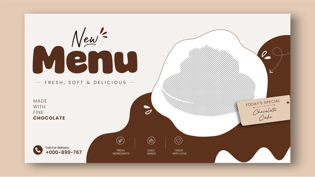 Chocolate Cake Bakery Menu Banner Template with Modern Dessert Promotion Design, Sweet Cafe Advertisement Layout for Pastry Shop, Restaurant, Food Marketing and Social Media