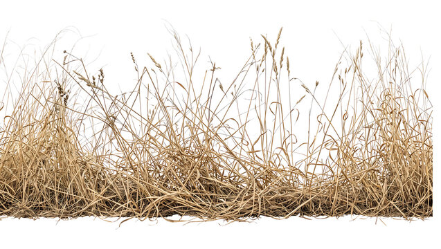 Dense dry wild grass border with straw and field weeds isolated on transparent background
