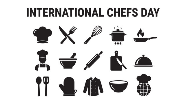 International Chefs Day icon set, black kitchen tool silhouettes for culinary professional, 15 cooking equipment vector symbols for restaurant menu