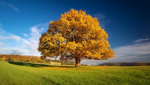 Grosser Baum Im Herbst Auf Einer Grunen Wiese Farbt Seine Blatte Gelb
