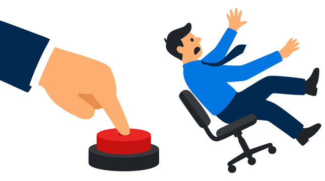 Large hand pressing red button causing startled office worker to fall backward off rolling chair, bold flat cartoon illustration depicting sudden firing layoff workplace accident concept