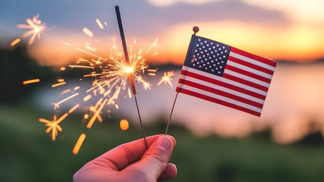 Hand holding a burning sparkler and an american flag at sunset during a fourth of july celebration