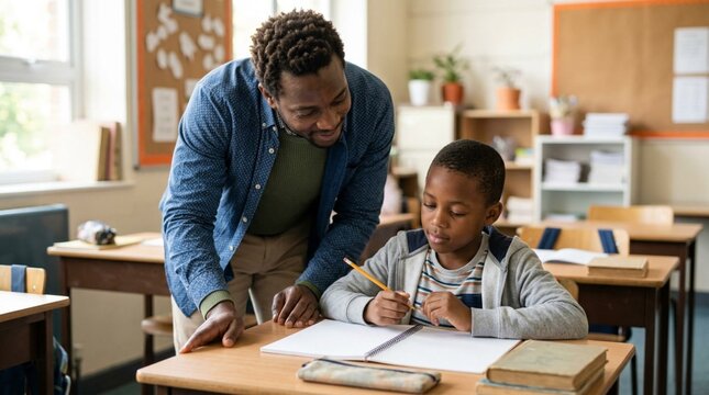 Black male teacher guiding young schoolboy at classroom desk, child holding pencil over blank notebook, warm mentorship moment in bright school