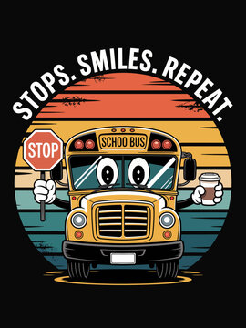 A cheerful school bus cartoon character holds a stop sign and a cup of coffee.