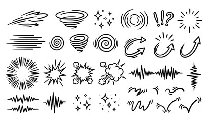 Set of hand drawn comic book style action elements and sound effects isolated on white background © Nahid