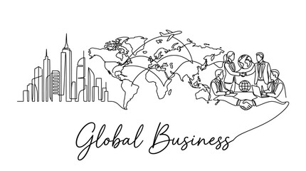 Fototapeta premium Contemporary line drawing illustrating global connectivity and international business collaboration with cityscape and world map