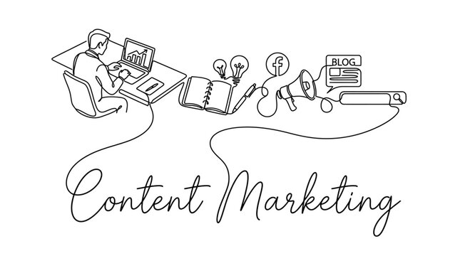 Creative content marketing strategy illustration showcasing digital tools and social media engagement for brand growth