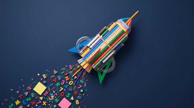 Colorful rocket constructed from school stationery soaring upward against a deep blue background, leaving a trail of numbers, letters, paper. Back to school concept.