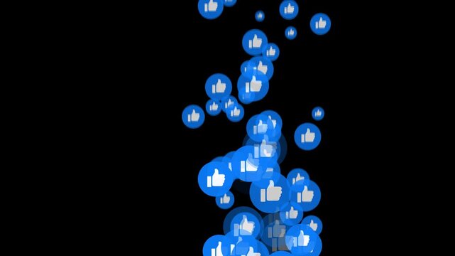 Social media live stream reactions, flying blue likes thumbs up and red hearts icons on black background, vertical loop animatio