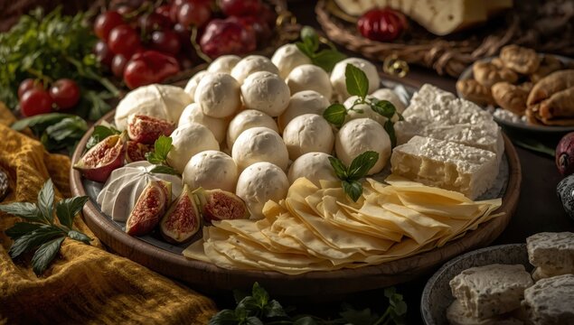Collection of cheese balls from Gaziantep, Turkey, made with cow's milk. Sliced pickled white cheese, locally known as Pendir.