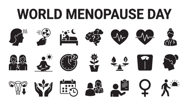 World Menopause Day icon set, black solid menopause symptoms and female health symbols, 21 medical vector elements for midlife wellness