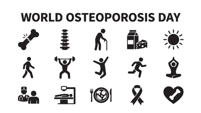 World Osteoporosis Day icon set, bone health and calcium awareness symbols, 15 black vector icons for medical healthcare infographics