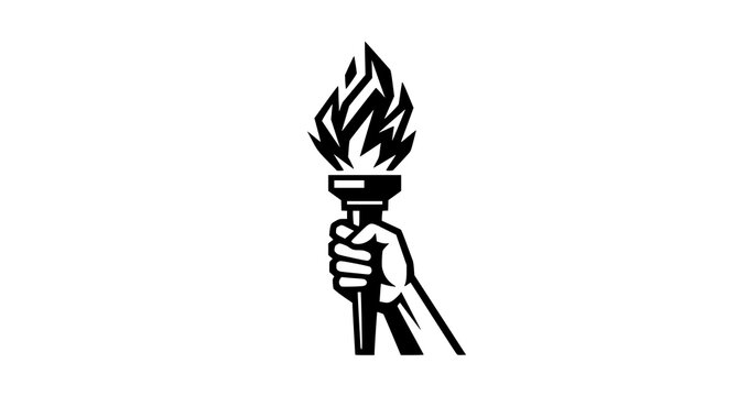 A black and white vector illustration of a human hand holding a burning torch high up